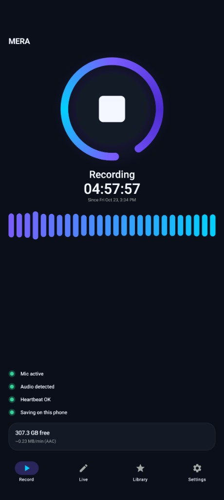 The MERA Record screen on a phone. Recording is on, audio is in the samples, the heartbeat is okay, and the file is saving on the phone.